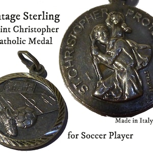 Vintage St. Christopher Medal for Soccer Player. Signed: STERLING ITALY. Pendant or Charm. Catholic Patron of travelers, athletes & more.