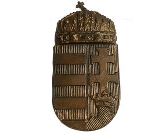 Vintage Hungarian Coat of Arms Wall Plaque. Solid Cast Bronze / Brass Heraldic Emblem, Holy Crown of St. Stephen Circa 1940s or so