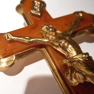 Vintage Crucifix. Brass and Bakelite. Circa 1940s. Six Inche Tall. Roman Catholic Cross. image 1