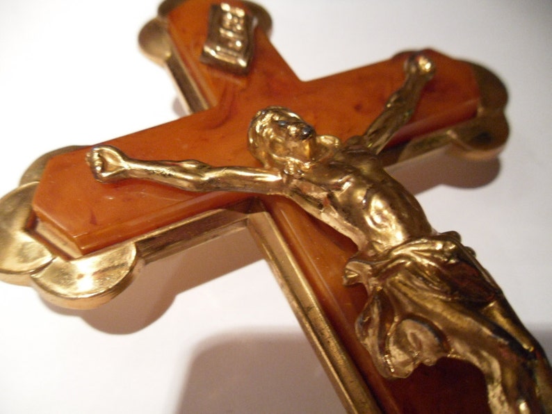 Vintage Crucifix. Brass and Bakelite. Circa 1940s. Six Inche Tall. Roman Catholic Cross. image 1