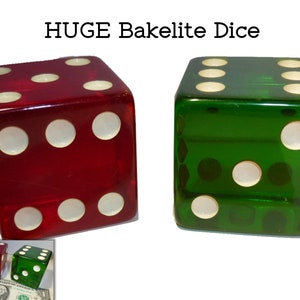 Huge Pair of Bakelite Dice. Translucent Red and Green. Almost 2&quot; Square. Weighs 312 Original Box,  Advertising Insert. Novelty Dice TESTED
