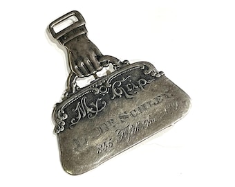 Victorian Luggage Tag Up-cycled into Sterling Brooch. Antique "My Grip". Engraved with NYC Address & J.B. Schley Antique