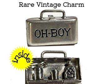 Vintage 1940s Sterling Silver Mechanical Suitcase Charm - "OH-BOY" Hidden Portable Travel Bar Reveal, Rare WWII Era Moveable Novelty Charm