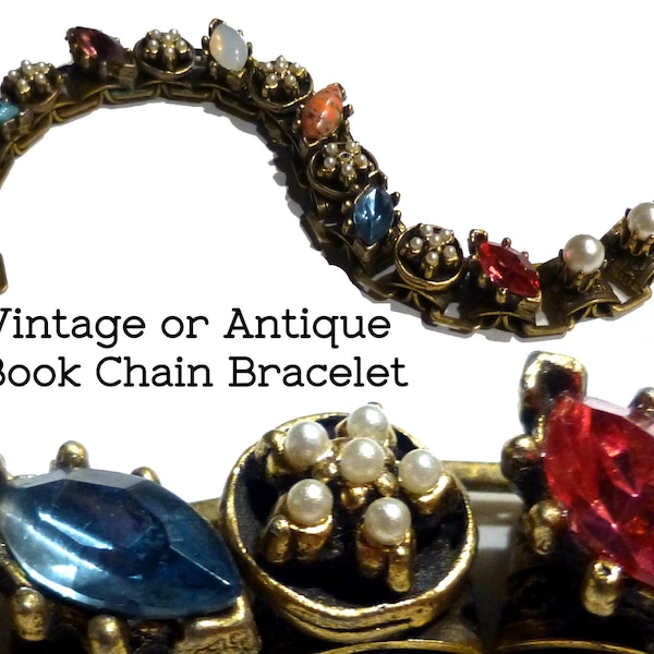 Vintage or Antique Bookchain Bracelet.  10k Gold-FILLED "Fruit Salad" Pearls & Stones.. For Smaller Wrist 6.25" Long. No Maker