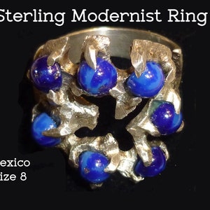 Vintage Mexican Sterling Silver & Blue Art Glass Modernist Ring. Size 8. Made in Taxco, Unknown Maker&#39;s Mark