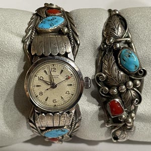 Signed Richard Begay Sterling Silver, Coral & Turquoise Ladies Watchband. With Working Hamilton-Illinois Nurses Watch. BONUS CUFF BRACELET.