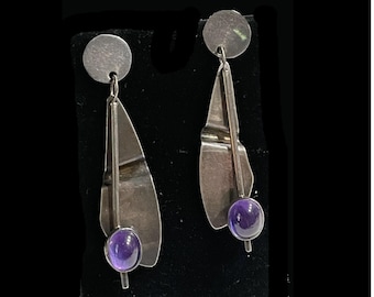 Vintage Mid Century Modernist Sterling Silver Amethyst Dangle Earrings, Unsigned, Possibly Converted to Pierced. Heavy Tarnish.