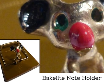 Vintage Bakelite "Mouse Trap" Note Holder for Desk. 2" by 3" Cute Metal Mouse on Tested Bakelite. Circa 1940s