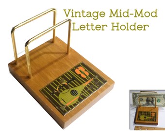 Vintage Mid Mod Letter Holder for Desk or Counter. Cool Musical Instrument Enameled Graphics.  Circa 1960