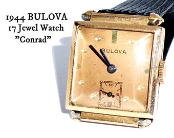 1944 Bulova Wrist Watch. CONRAD / Runs / Manual Wind / 17 Jewel Movement. Unisex. Dot Dash Dial 14k Rose Gold Filled.