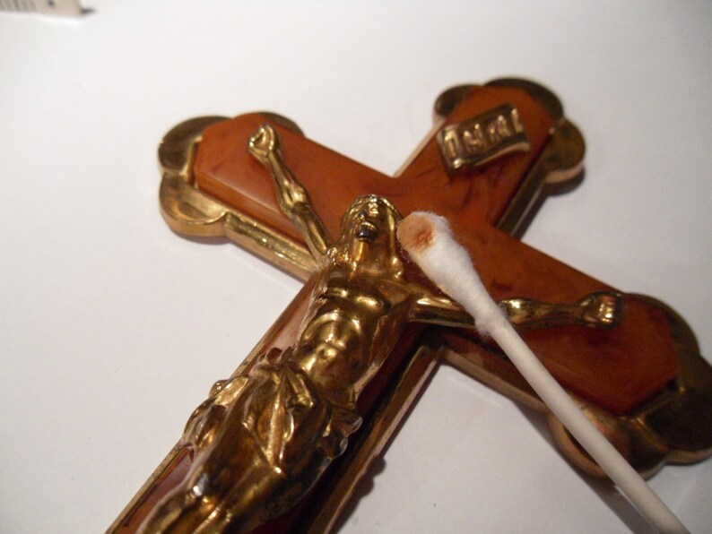 Vintage Crucifix. Brass and Bakelite. Circa 1940s. Six Inche Tall. Roman Catholic Cross. image 3