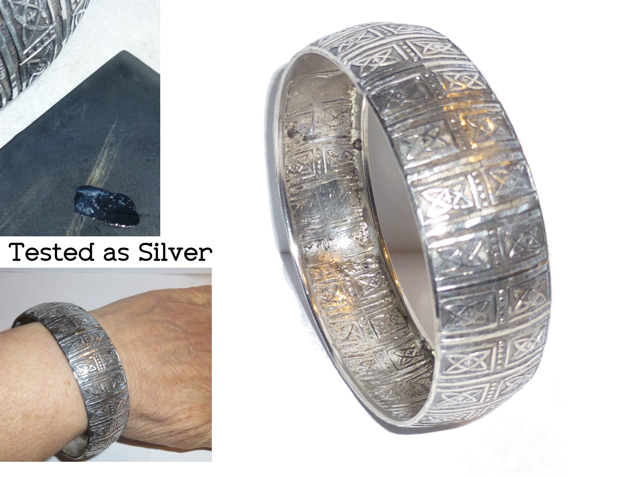 Vintage Silver Bangle, Intricate Design, 2.75