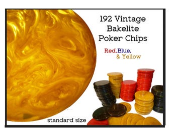 192 Vintage Bakelite Poker Chips, Red, Blue-Green, Yellow, Jewelry Making