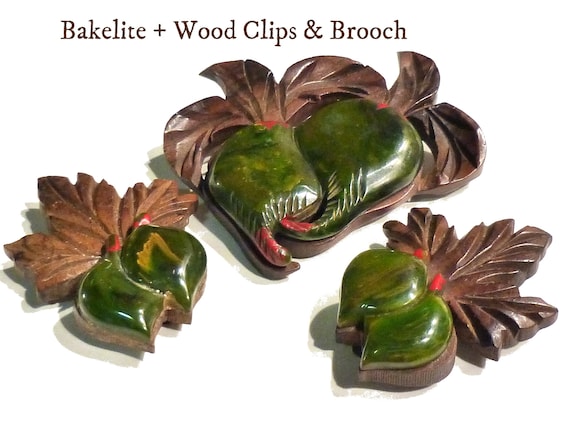 Bakelite & Wood Vegetable Brooch and 2 Dress Clip… - image 1