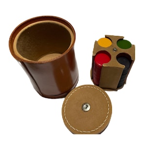 Vintage Leather Game Set. 120+ Phenolic Resin Poker Chips, Pair of Small Dice. Made in England Circa 1950s.