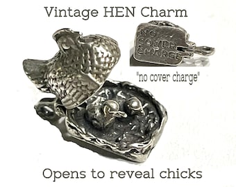 Vintage HEN on NEST Charm "No Cover Charge". Taken from 1940s Bracelet. 1/2" long.