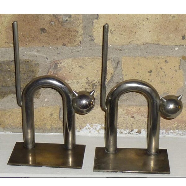 Vintage Chase Satin Nickel Cat Bookends, Walter Von Nessen Design