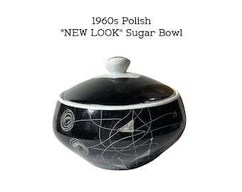 1960s Polish Studio Sgraffito  Sugar Bowl & Lid. NEW LOOK Karolina Porcelain Factory Poland. Mid Mod