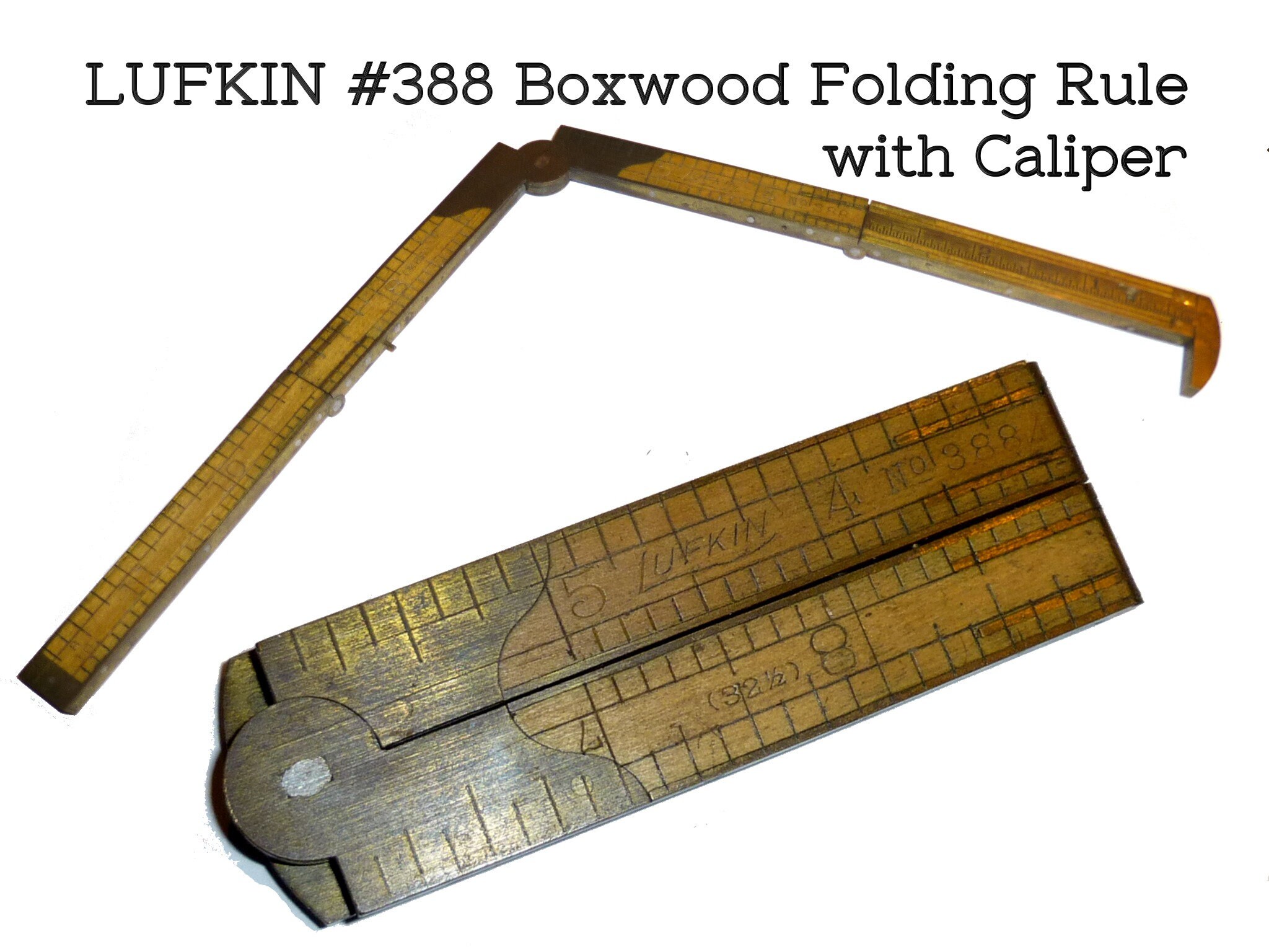 LUFKIN 388 Boxwood Folding Rule With Caliper Slide. Wood and Brass