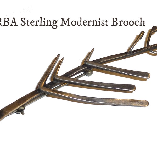 FRBA Sterling Silver Brooch. Vintage Circa 1950s. Minimalist Modernist Twig or Pine Branch Pin.  Three Inches Long. Handwrought Silver.