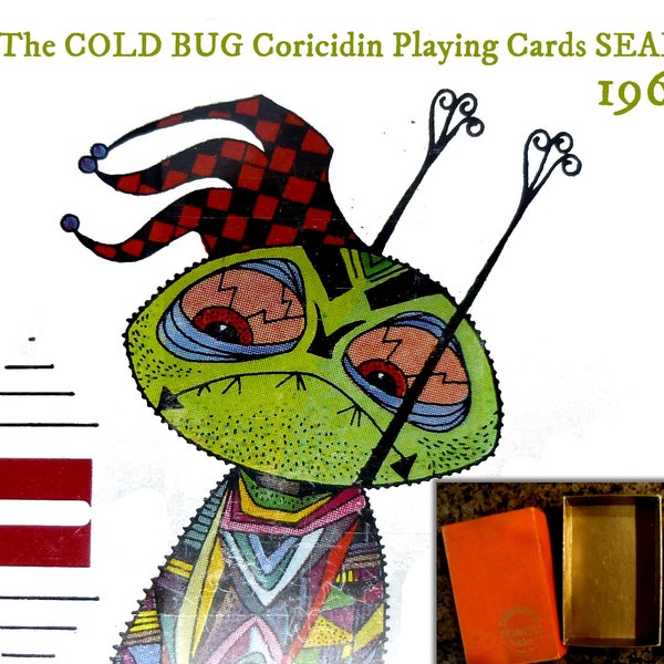 1960s "Cold Bug" Joker Deck of Playing Cards. SEALED.  CORICIDIN Demilets Cold Tablets. Little Confetti Pills for Kids.