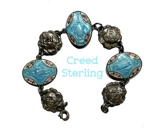 Creed Sterling Silver Enamel Rosebud Bracelet with Hidden Saints 1940s/50s