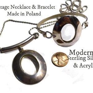 Polish Modernism. Vintage Sterling Silver and Acrylic Necklace & Bracelet Set. Made in Poland Circa 1990s. Fully Marked. 26&quot; Long Chain.