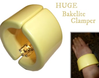 Bakelite Clamper Huge Bold / Tested Bakelite Bracelet / 1.75" Wide / Creamy Yellow / Vintage Circa 1940s / Killer Bakelite