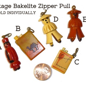 YOUR CHOICE. Bakelite Figural Zipper Pull or Charms. Figural Man or Cigarette Pack. Bakelite Carved Novelty. 1940s. Tested.