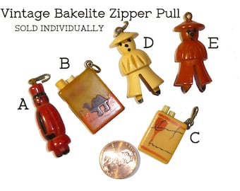 Vintage 1940s Bakelite Zipper Pull Charm: Figural Man or Cigarette Pack