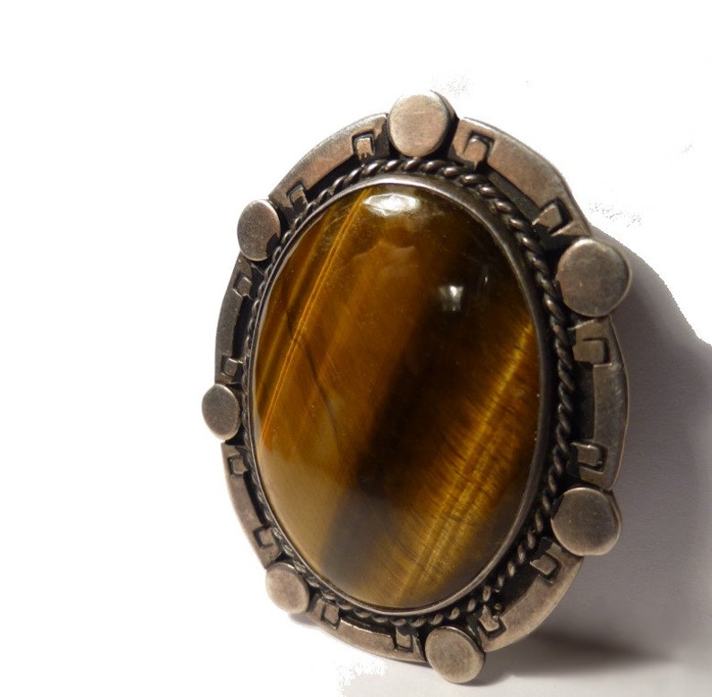 Beautiful Old Taxco Huge Tigers Eye Brooch. 1950s. Mexico Sterling Silver. image 1