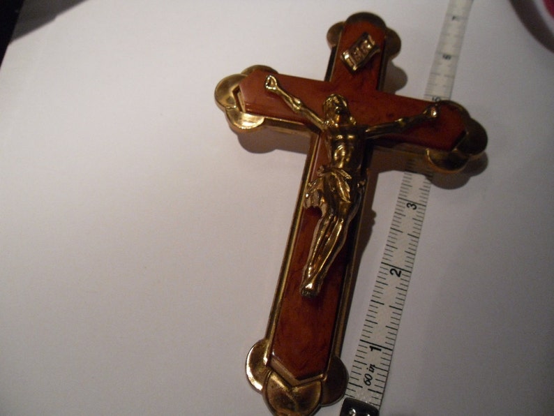 Vintage Crucifix. Brass and Bakelite. Circa 1940s. Six Inche Tall. Roman Catholic Cross. image 5