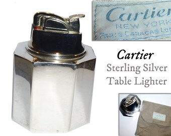 Cartier Sterling Silver Table Lighter with Cartier Felt Bag. Vintage 1960s. NOT TESTED. Three Inches Tall. Needs a Professional Polishing.