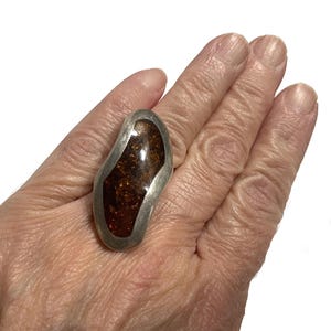 Vintage Modernist Brutalist Amber Ring in 800 Silver – Hand-wrought in Warsaw, Poland – Size 5.75. Huge Statement Ring