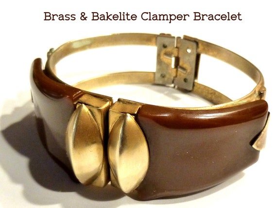 Vintage Bakelite & Brass Metal Clamper Bracelet. Authentic Vintage. Tested -Guaranteed. Chocolate Brown BakeliteCirca 1940s.