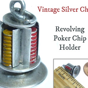 Vintage Poker Chip Rack Holder /  Silver Charm.  Movable Mechanical  Charm 1940s. Enamel Painted Chips Red Blue White Yellow. Rare & Unusual