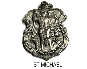 Vintage St Michael Archangel shield-shaped medal. Patron Saint Police Military. Sterling Chapel