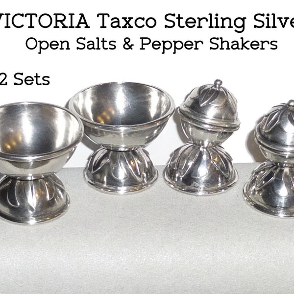 Victoria Taxco Vintage Sterling Salt Dish & Pepper Shaker. TWO SETS. All Marked. Vintage 1940s. Ana Brilianti Mexico. Circa 1950s. 118grams