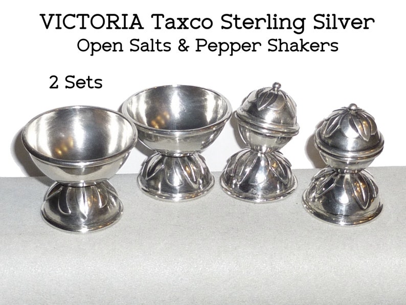 Victoria Taxco Vintage Sterling Salt Dish & Pepper Shaker. TWO SETS. All Marked. Vintage 1940s. Ana Brilianti Mexico. Circa 1950s. 118grams image 1