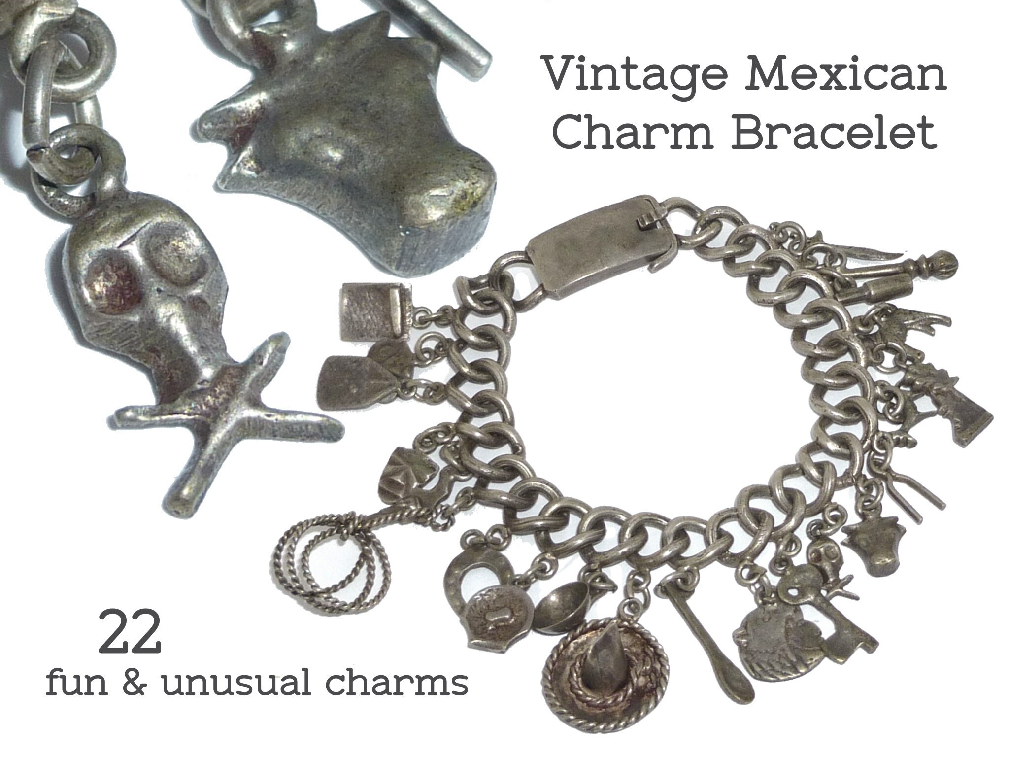 ERAS Sterling Silver Mexican Charm Bracelet Vintage 1940s Mexico