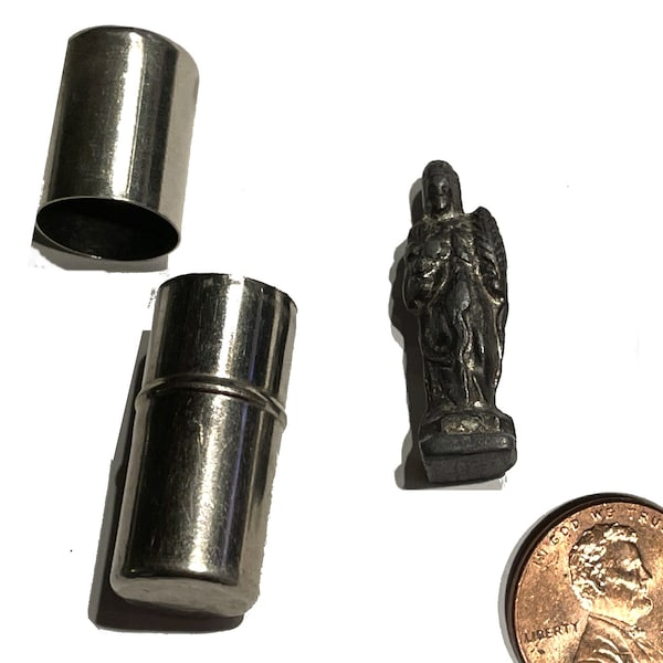 Vintage Catholic Saint Box, or Pocket Travel Shrine Tube Case with Tiny Saint. Tiny 1.25" Long