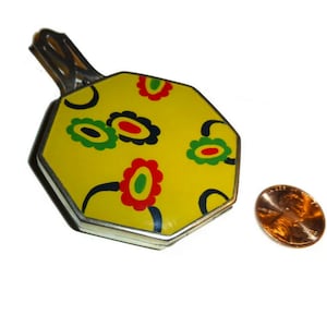 International Sterling Art Deco Compact. Octagonal Shape with Enameling of Yellow, Red, Green and Black. Rare 1930s Sterling Silver Vanity.