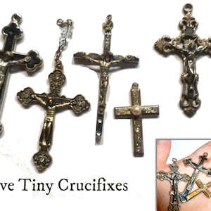 Crucifix. Five Tiny Vintage Crosses of Various Styles and Ages. Three are marked for Italy. Brass, Aluminum, Ebony.