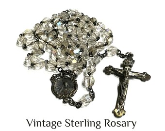 Vintage Sterling Silver Rosary, AB Iridescent Glass Beads, Sterling Crucifix HEAVY TARNISH