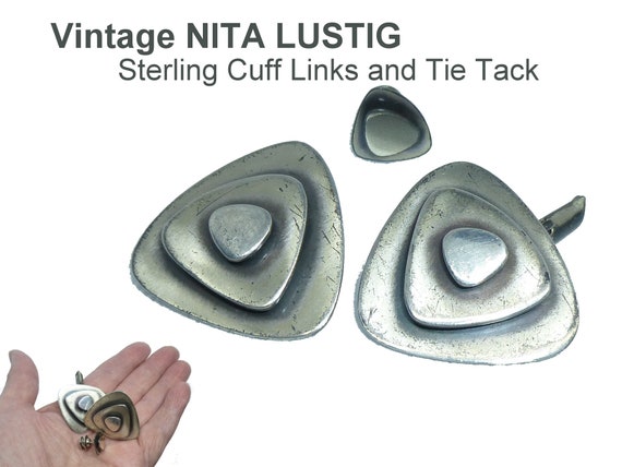 Modernist Sterling Cuff Links and Tie Tack. Vinta… - image 1