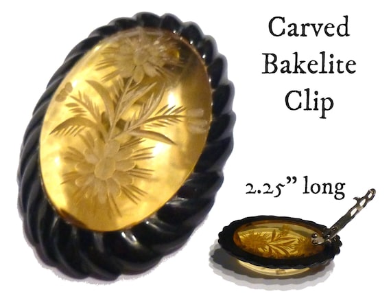 Bakelite Clip. Vintage Carved Laminated Two Tone … - image 1