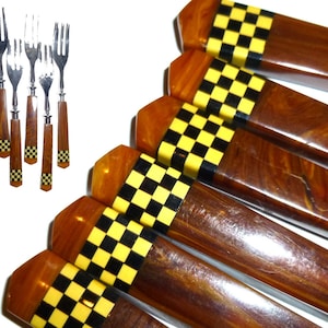 Checkerboard Bakelite Pastry Forks.  Set of Six Forks.  Marked GERMANY. Vintage. Great Condition.
