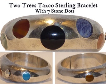 Taxco Polka Dot Gemstone Sterling Silver Hinged Bangle Bracelet. Made by Two Trees Studio, Mexico. Circa 1980s. 93 grams.