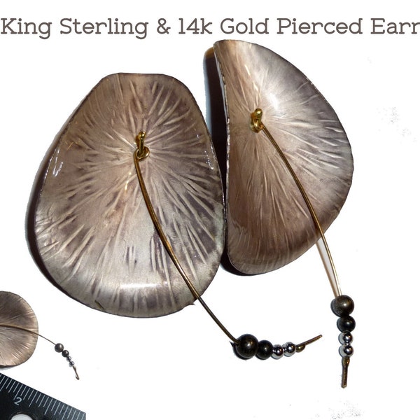 Ann King Handwrought Water-Lily Earrings. Post Backs. Sterling Silver + 14K Gold. Hand Signed. Oversized Beauties.