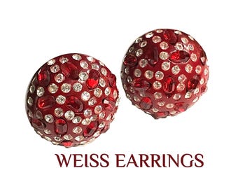 Vintage Signed WEISS Red Rhinestone Pave Round Clip On Earrings. 1950s.